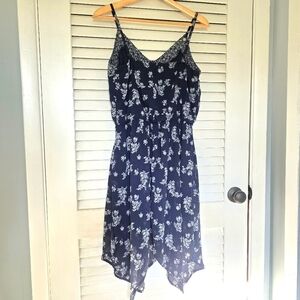 Women's Bohemian Dress S Navy Blue Paisley Floral Handkerchief Hem Xhileration